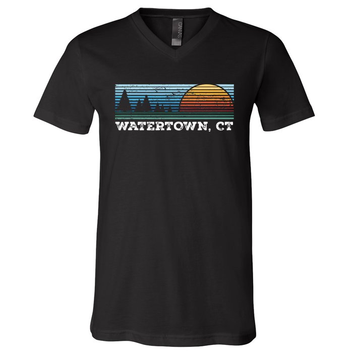 Retro Sunset Stripes Watertown Connecticut V-Neck T-Shirt