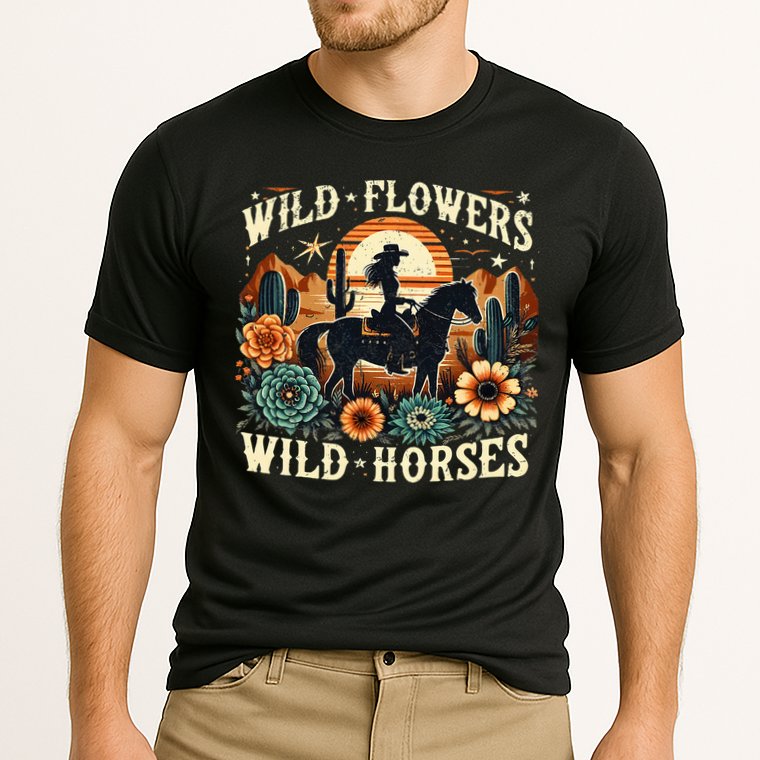 Retro Southern Sunset Cowgirl Wild Flowers Wild Horses Cooling Performance Crew T-Shirt