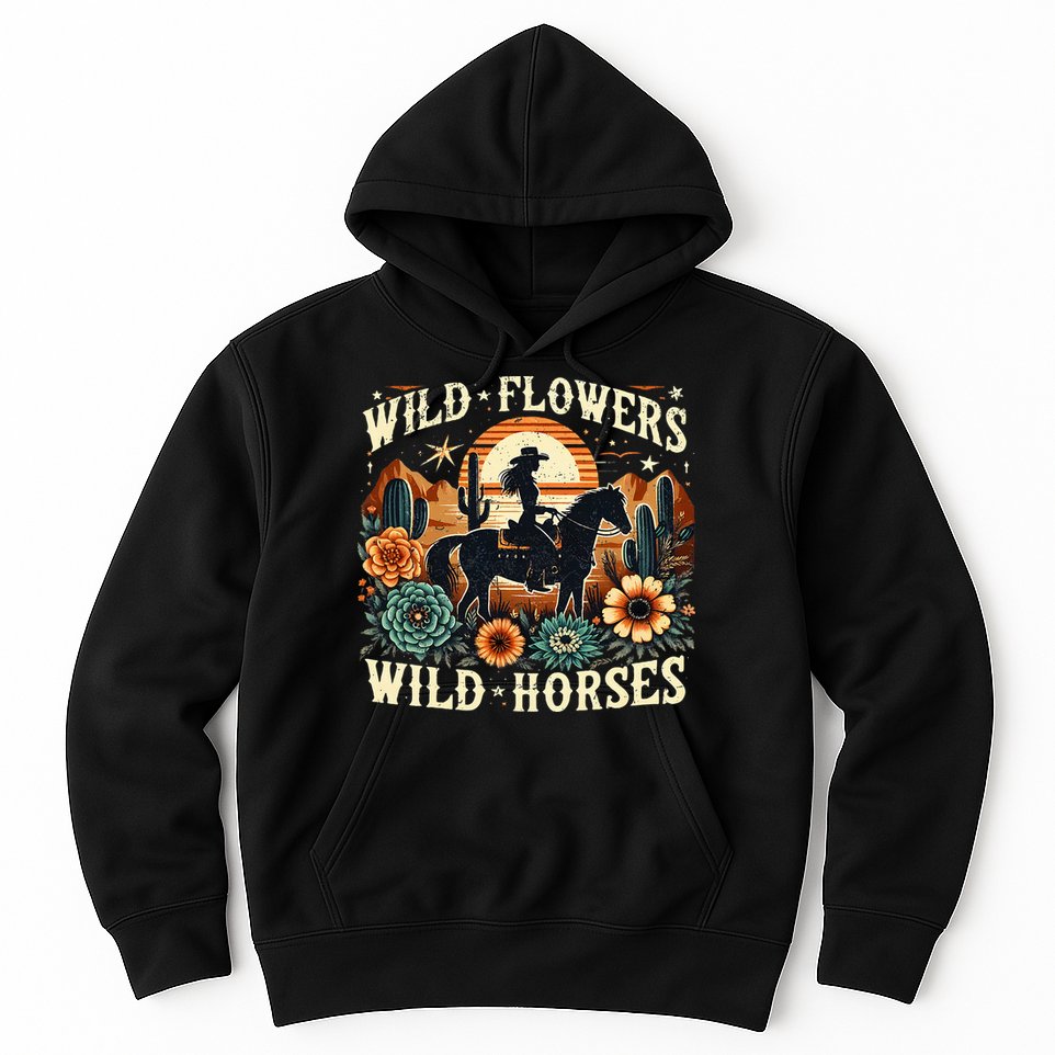 Retro Southern Sunset Cowgirl Wild Flowers Wild Horses Hoodie