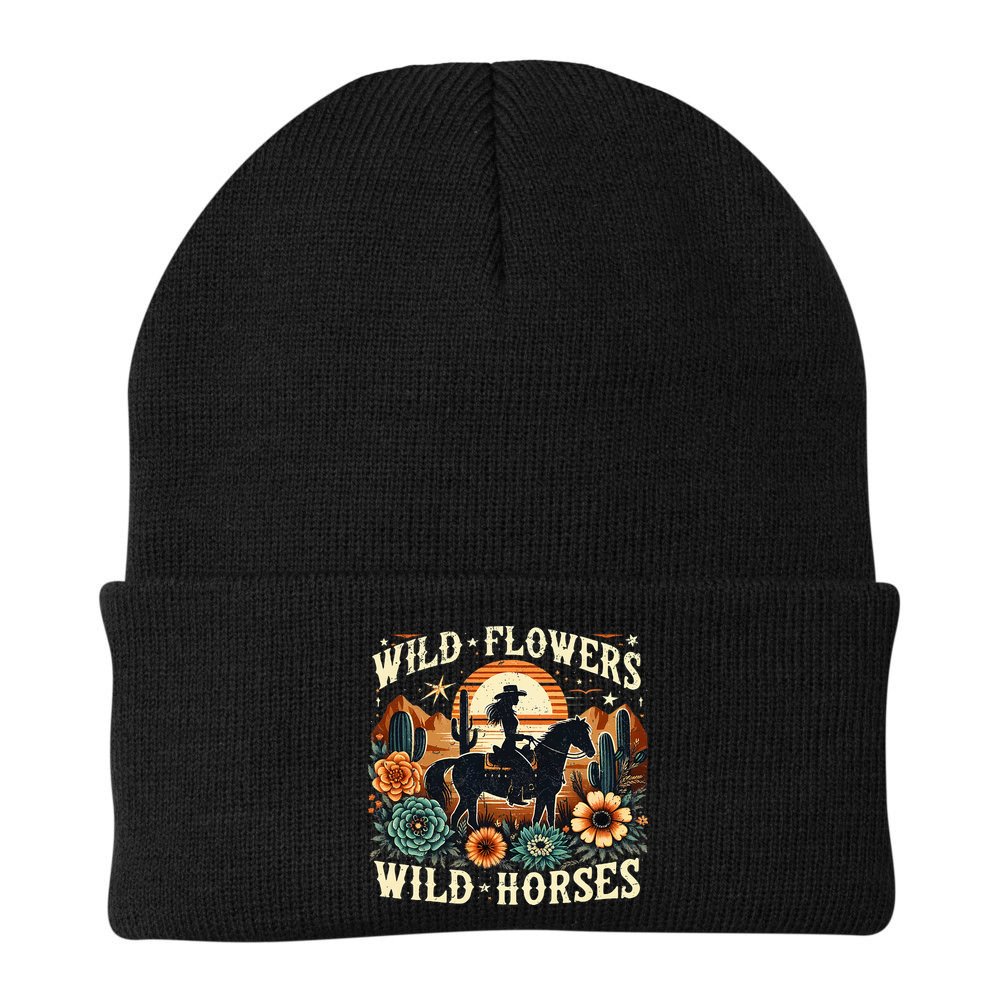 Retro Southern Sunset Cowgirl Wild Flowers Wild Horses Beanie