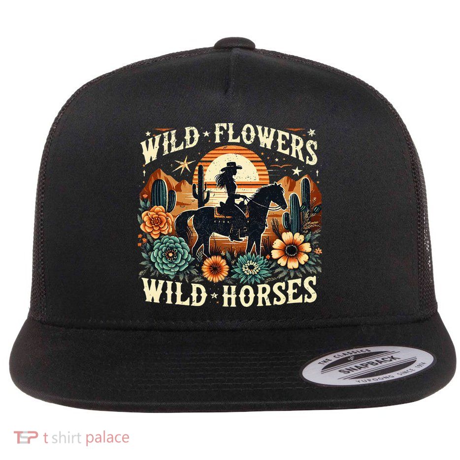 Retro Southern Sunset Cowgirl Wild Flowers Wild Horses Flatbill Hat