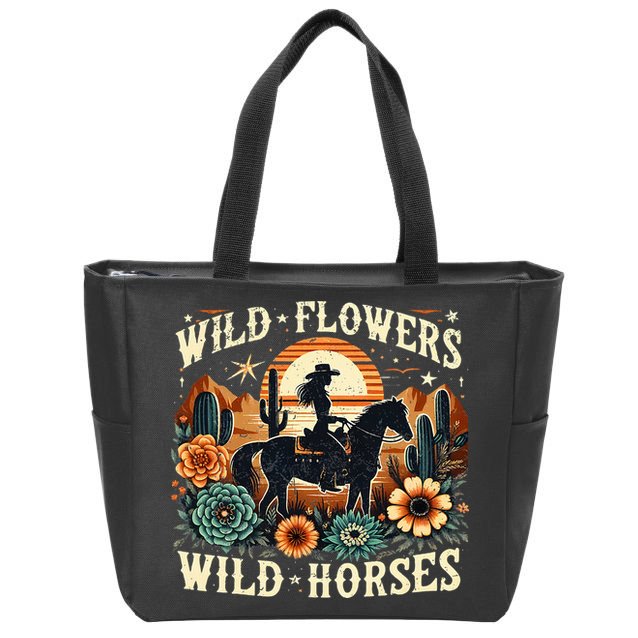 Retro Southern Sunset Cowgirl Wild Flowers Wild Horses Zip Tote Bag