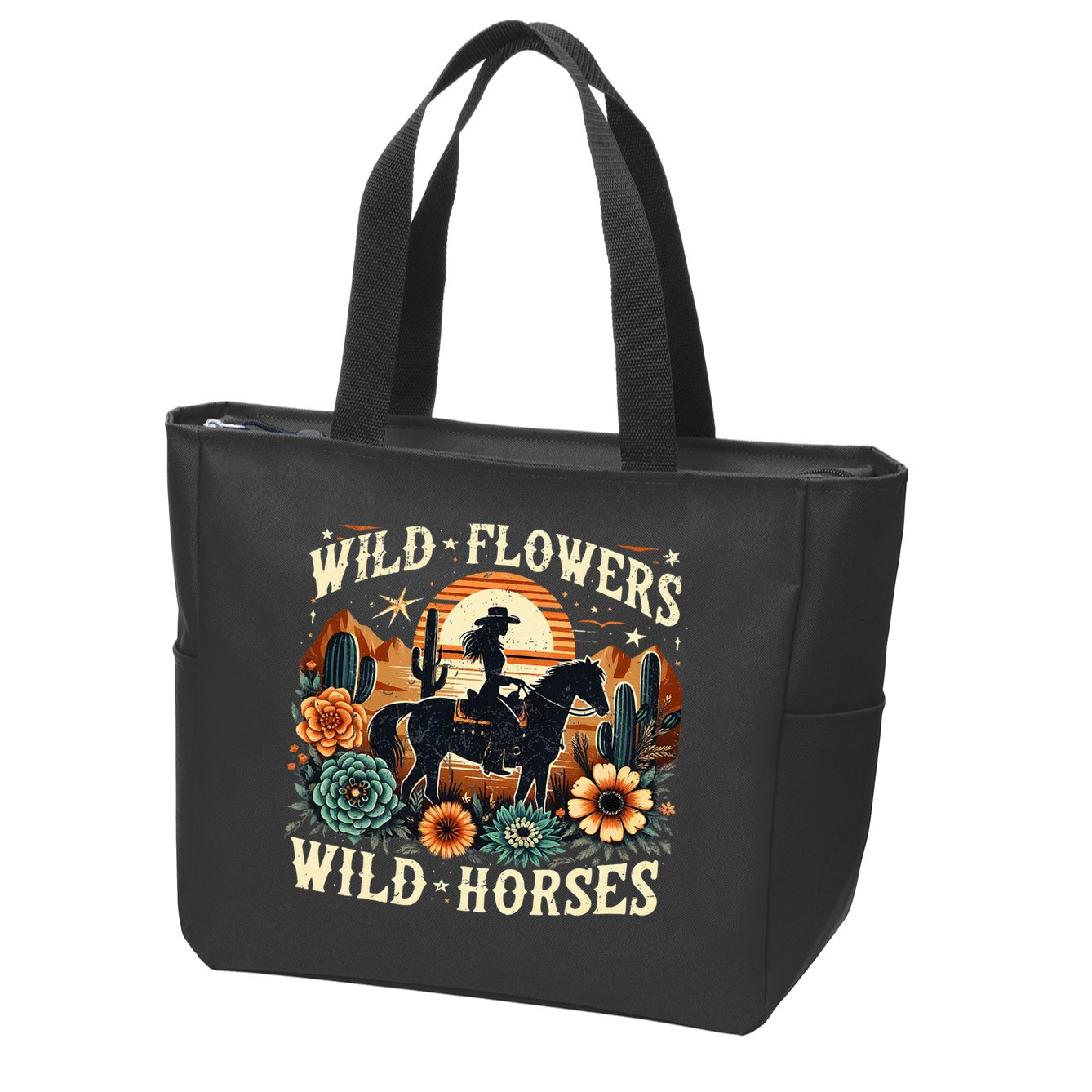 Retro Southern Sunset Cowgirl Wild Flowers Wild Horses Zip Tote Bag