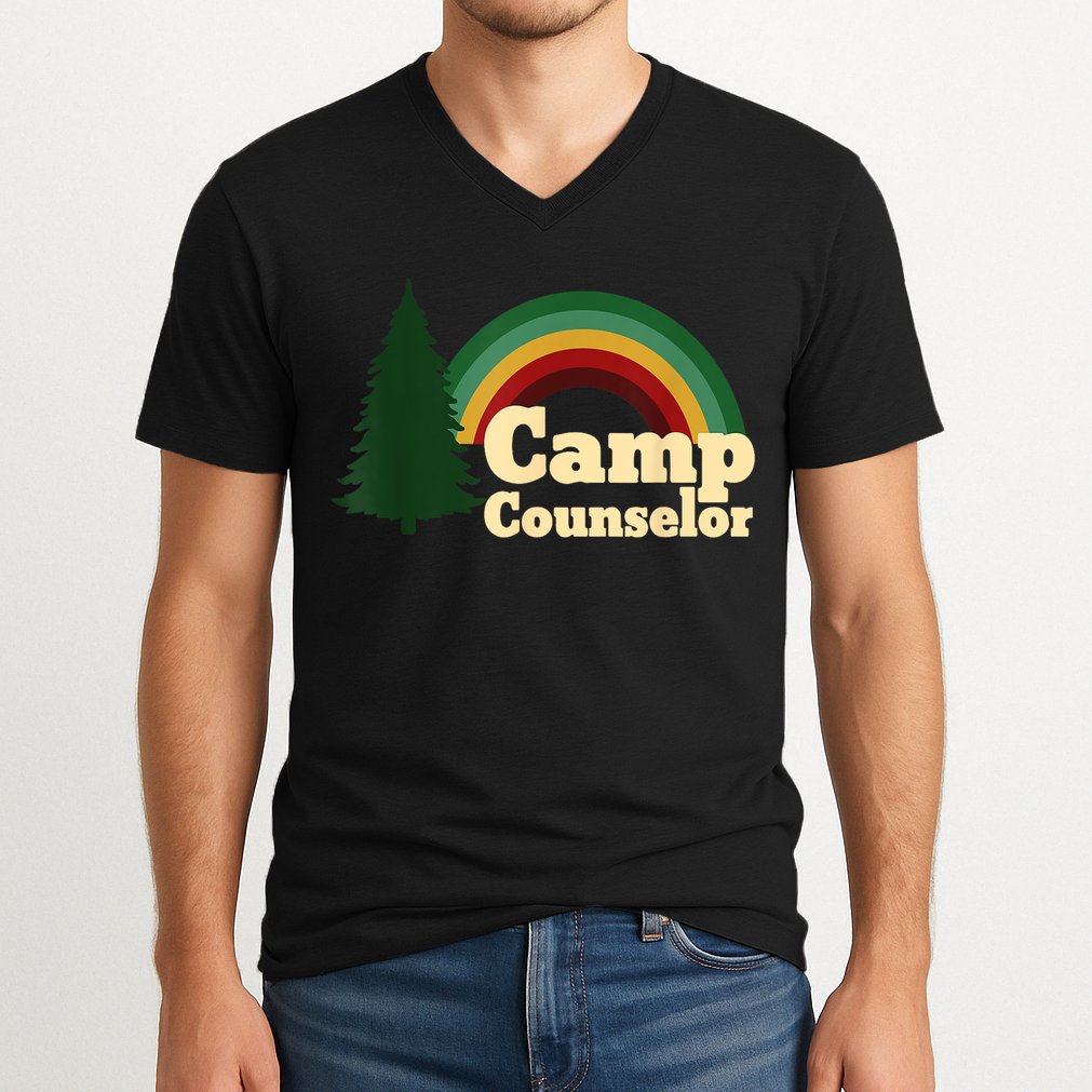 Retro Summer Staff Rainbow Camp Counselor Pine Tree Gift V-Neck T-Shirt