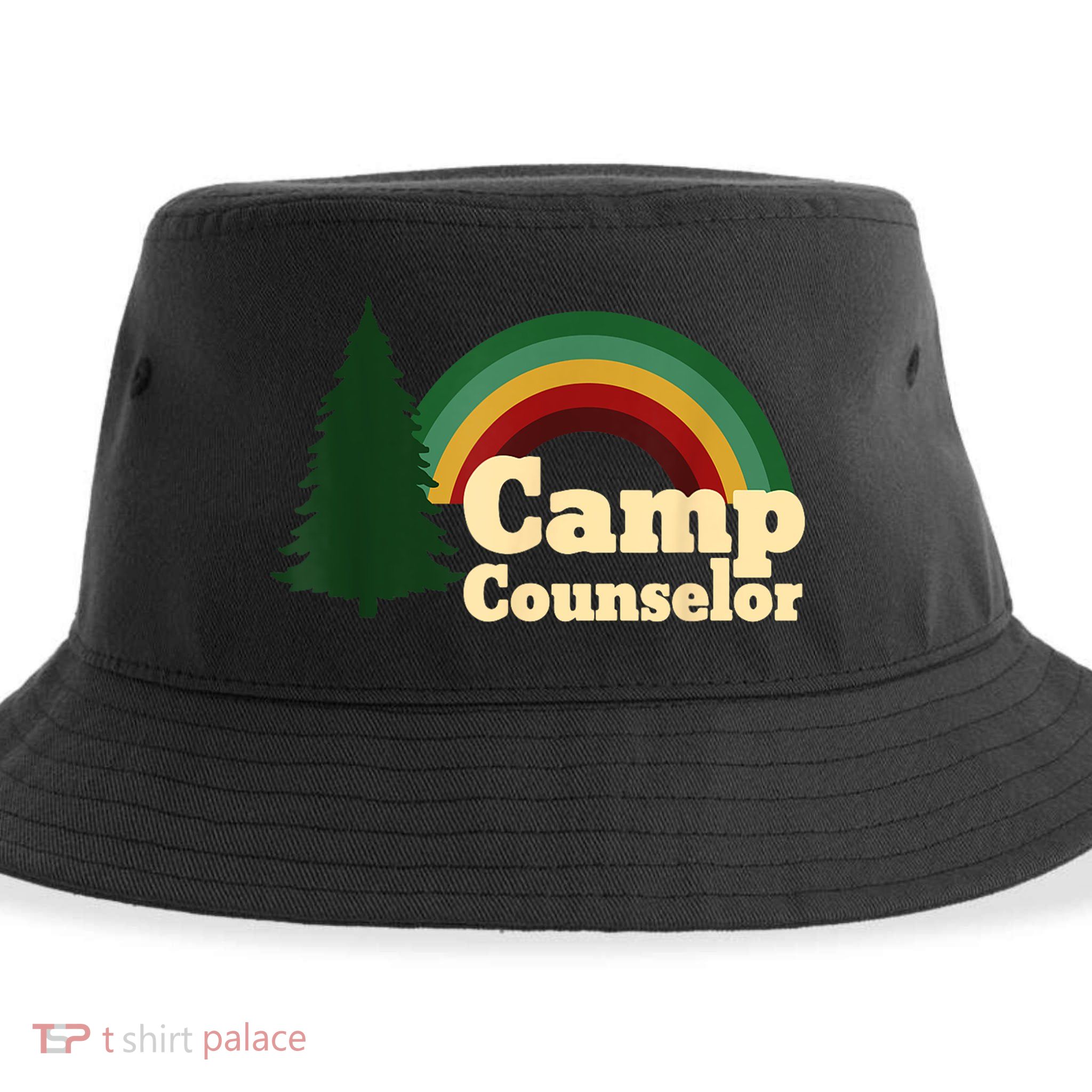 Retro Summer Staff Rainbow Camp Counselor Pine Tree Gift Sustainable Bucket Hat