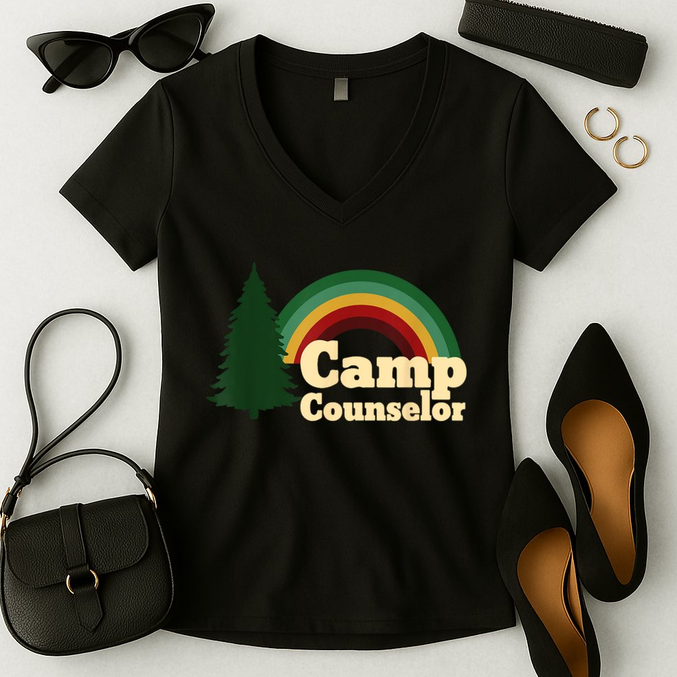 Retro Summer Staff Rainbow Camp Counselor Pine Tree Gift Women's V-Neck T-Shirt
