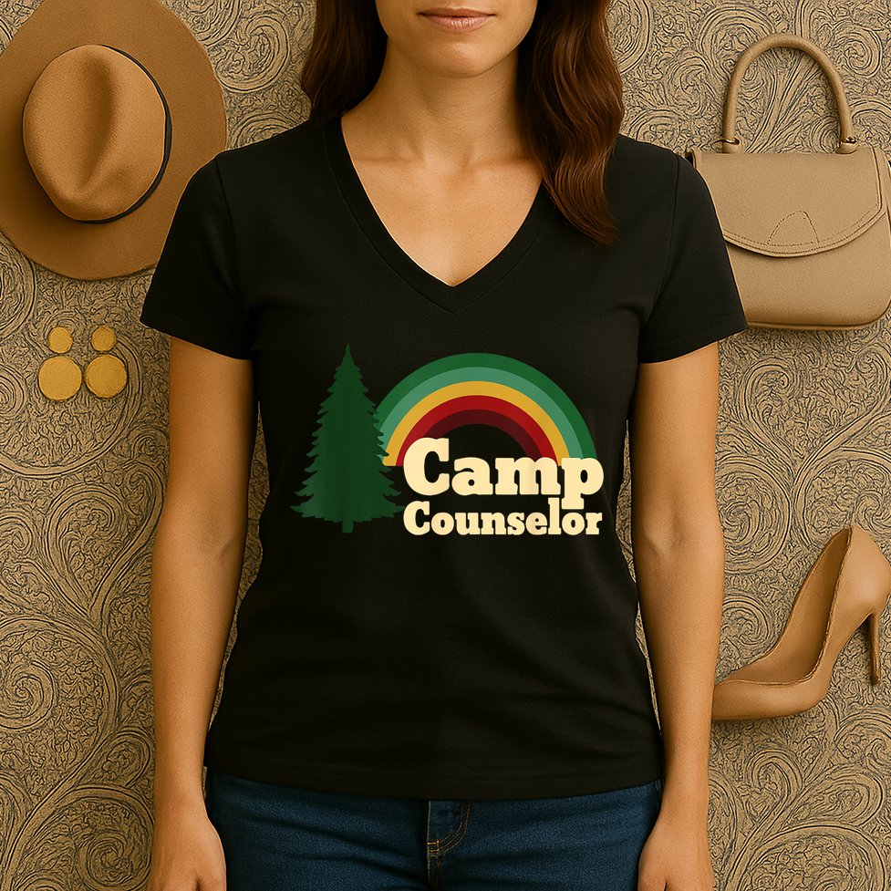 Retro Summer Staff Rainbow Camp Counselor Pine Tree Gift Women's V-Neck T-Shirt