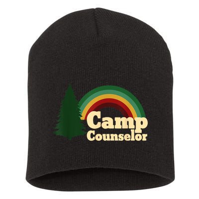 Retro Summer Staff Rainbow Camp Counselor Pine Tree Gift Short Acrylic Beanie