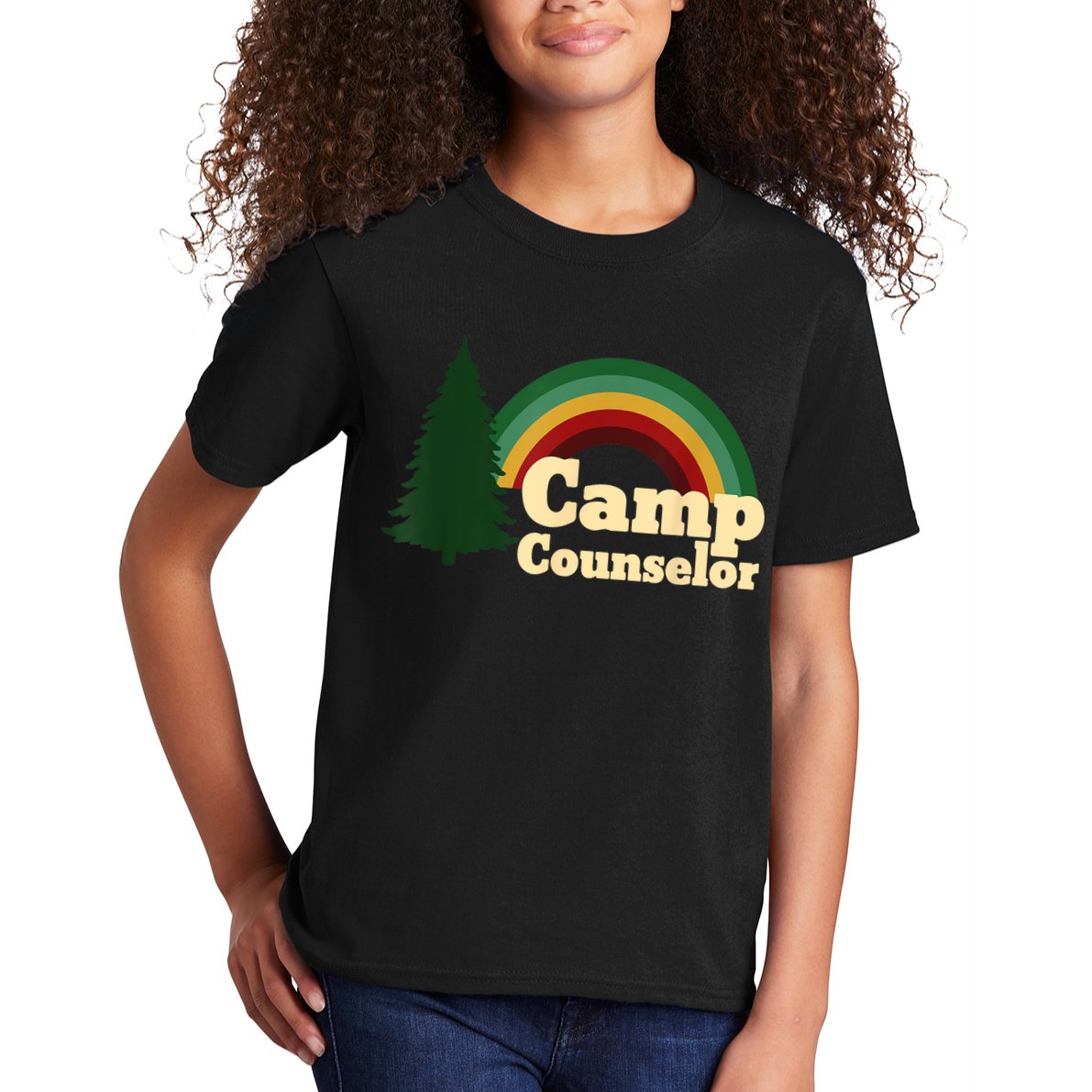 Retro Summer Staff Rainbow Camp Counselor Pine Tree Gift Kids T-Shirt