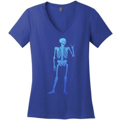 Rocker Skull Skeleton Hand Rock On Costume Funny Halloween Great Gift Women's V-Neck T-Shirt