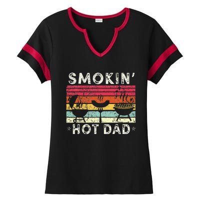 Retro Style Smokin' Hot Dad Funny BBQ Father's Day Ladies Halftime Notch Neck Tee