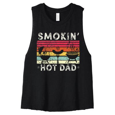 Retro Style Smokin' Hot Dad Funny BBQ Father's Day Women's Racerback Cropped Tank