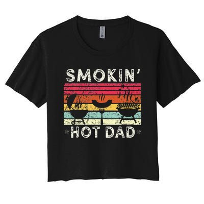 Retro Style Smokin' Hot Dad Funny BBQ Father's Day Women's Crop Top Tee