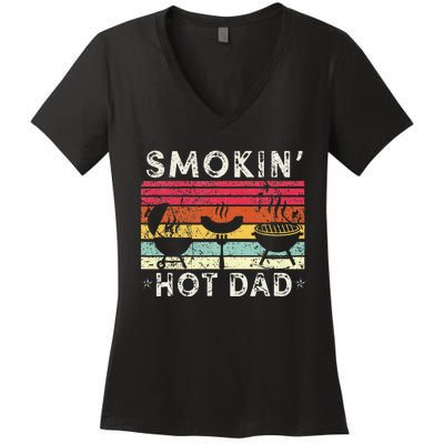 Retro Style Smokin' Hot Dad Funny BBQ Father's Day Women's V-Neck T-Shirt