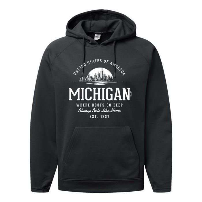 Retro Styled State Of Michigan Vintage Established Performance Fleece Hoodie