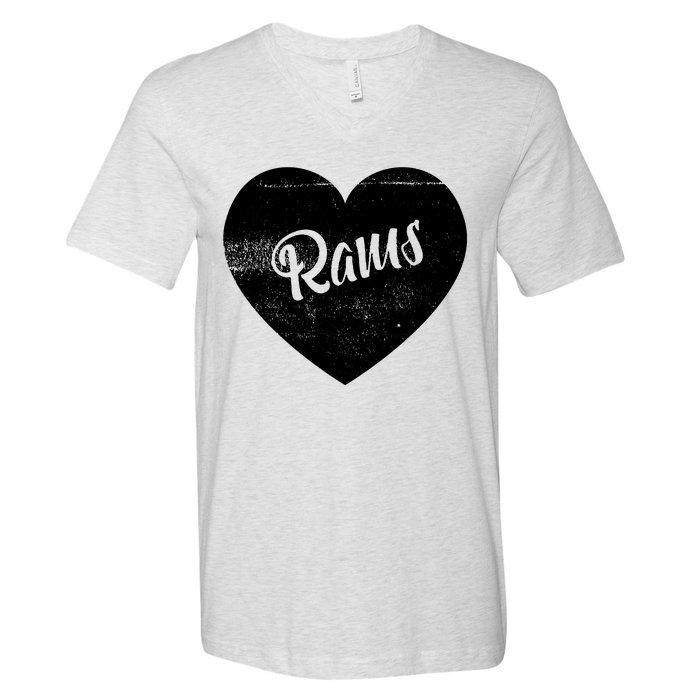 Rams School Sports Fan Team Spirit Cute Heart V-Neck T-Shirt