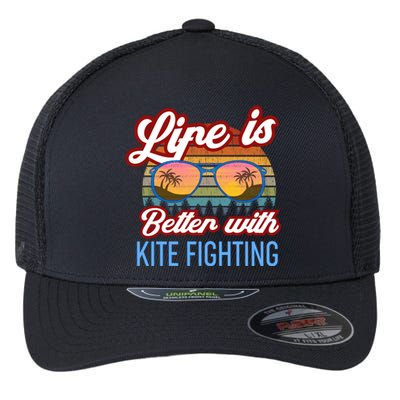 Retro Sunset Slogan / Life Is Better With Kite Fighting! Gift Flexfit Unipanel Trucker Cap