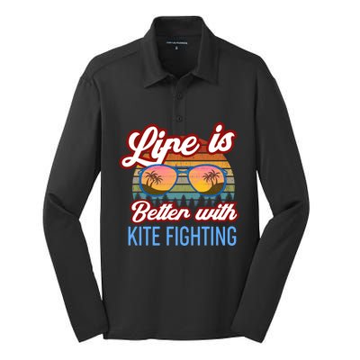 Retro Sunset Slogan / Life Is Better With Kite Fighting! Gift Silk Touch Performance Long Sleeve Polo