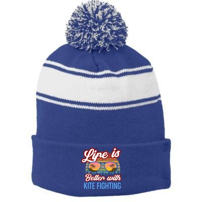 Retro Sunset Slogan / Life Is Better With Kite Fighting! Gift Stripe Pom Pom Beanie