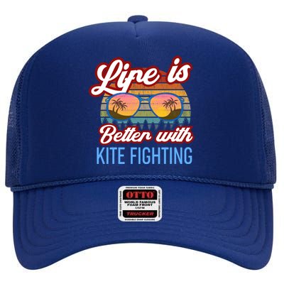 Retro Sunset Slogan / Life Is Better With Kite Fighting! Gift High Crown Mesh Back Trucker Hat