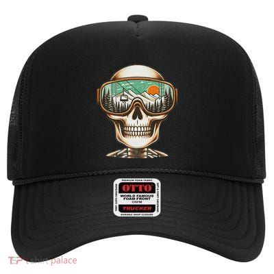 Retro Ski Skeleton Goggles Mountain Snow Skiing Winter Funny High Crown Mesh Back Trucker Hat