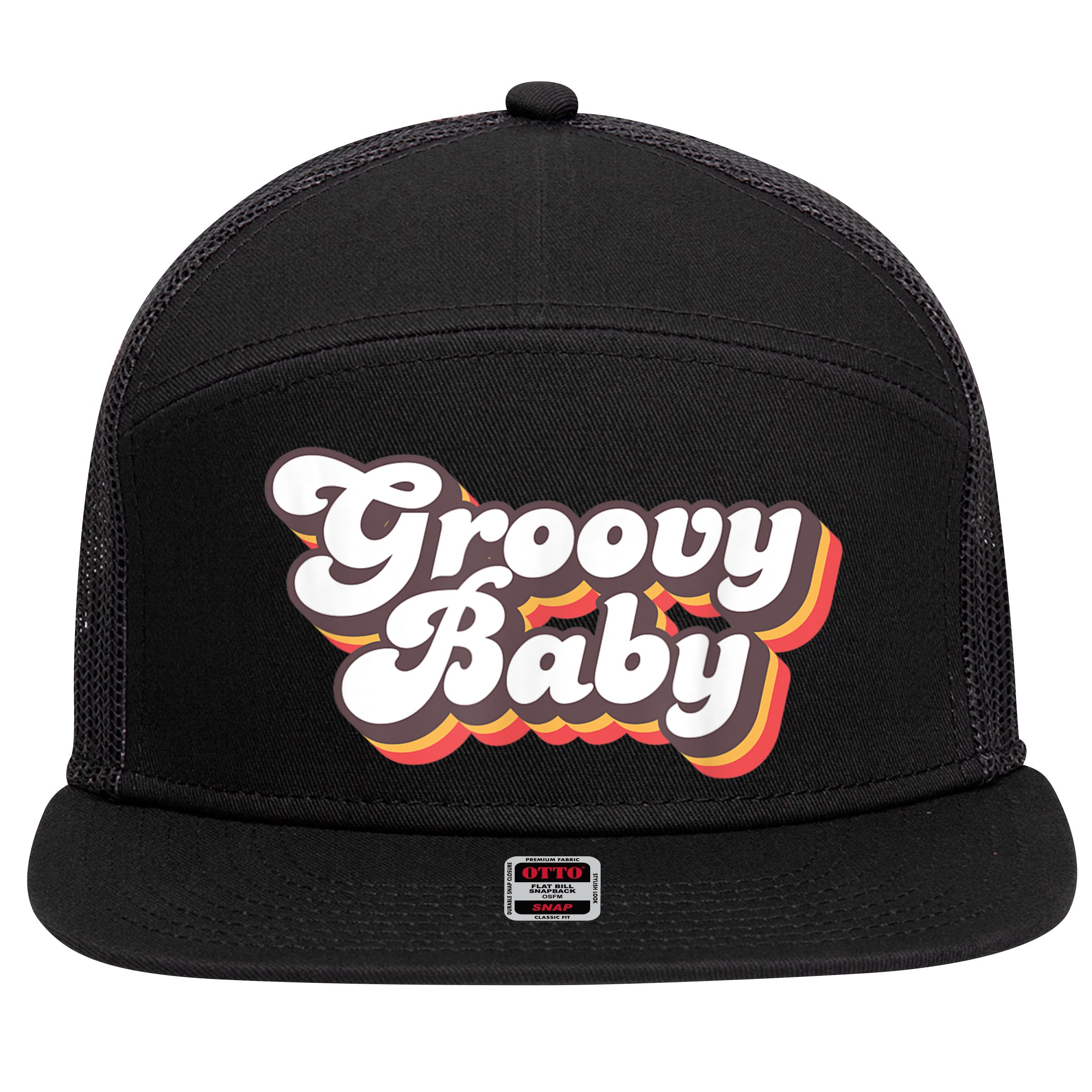 Retro Seventies Style Groovy Baby 70s Fancy Dress 7 Panel Mesh Trucker Snapback Hat