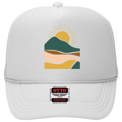 Retro Sunset Summer Graphic Design High Crown Mesh Back Trucker Hat