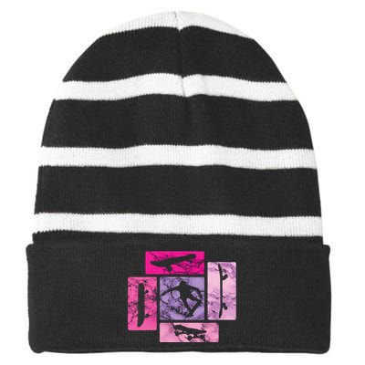 Retro Skateboarding Skate Extreme Sports Skateboard Tricks Striped Beanie with Solid Band