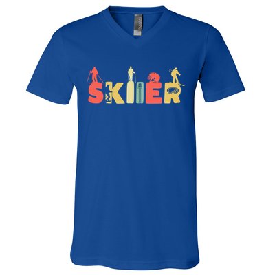 Retro Snow Skiing Ski Sports Gift Vintage Skiier Snow Skiing Gift V-Neck T-Shirt