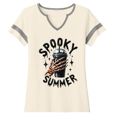 Retro Spooky Summer Fun Skeleton And Iced Coffee Vibes Ladies Halftime Notch Neck Tee