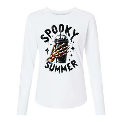 Retro Spooky Summer Fun Skeleton And Iced Coffee Vibes Womens Cotton Relaxed Long Sleeve T-Shirt