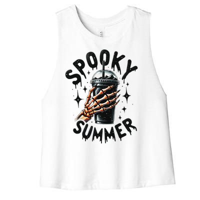 Retro Spooky Summer Fun Skeleton And Iced Coffee Vibes Women's Racerback Cropped Tank