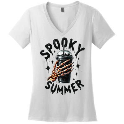 Retro Spooky Summer Fun Skeleton And Iced Coffee Vibes Women's V-Neck T-Shirt