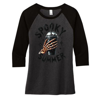 Retro Spooky Summer Fun Skeleton And Iced Coffee Vibes Women's Tri-Blend 3/4-Sleeve Raglan Shirt