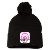 Rainbow Support Squad Breast Cancer Awareness Survivor Pink Ribbon Pom Pom 12in Knit Beanie