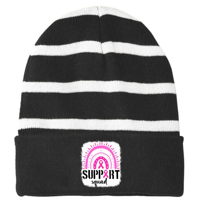 Rainbow Support Squad Breast Cancer Awareness Survivor Pink Ribbon Striped Beanie with Solid Band