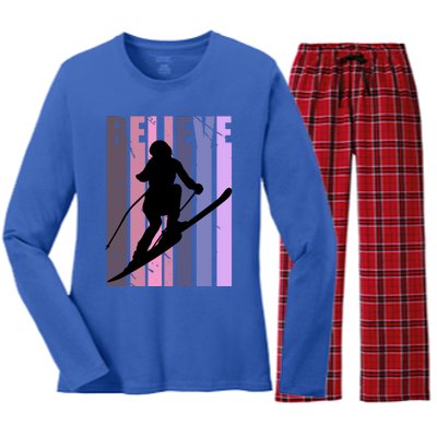 Retro Ski Skiing Skier Downhill Slopes Winter Sports Cool Gift Women's Long Sleeve Flannel Pajama Set 