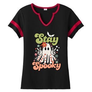 Retro Stay Spooky Ghost Print Gift Ladies Halftime Notch Neck Tee