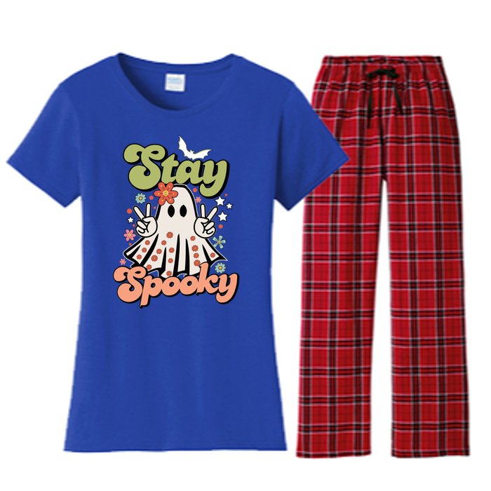 Retro Stay Spooky Ghost Print Gift Women's Flannel Pajama Set