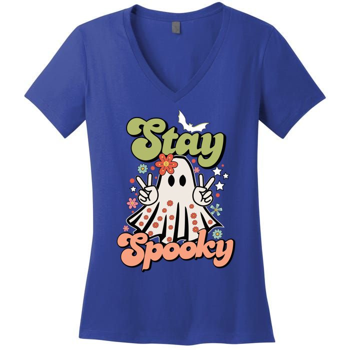 Retro Stay Spooky Ghost Print Gift Women's V-Neck T-Shirt