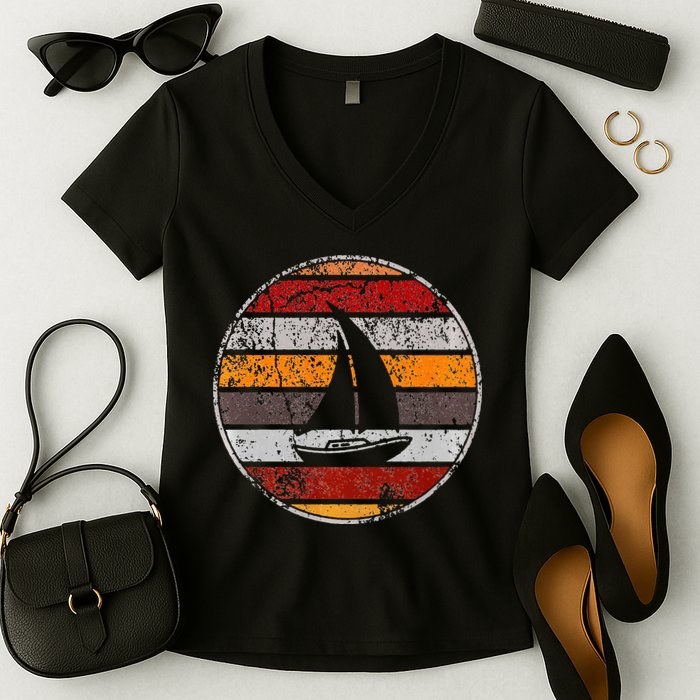 Retro Smooth Sailing Vintage Sailboat Vacation Island Women's V-Neck T-Shirt