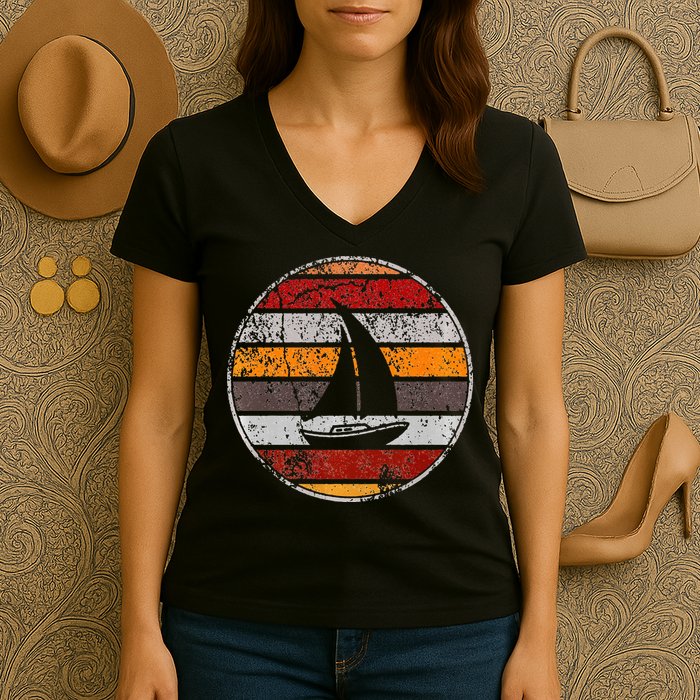 Retro Smooth Sailing Vintage Sailboat Vacation Island Women's V-Neck T-Shirt
