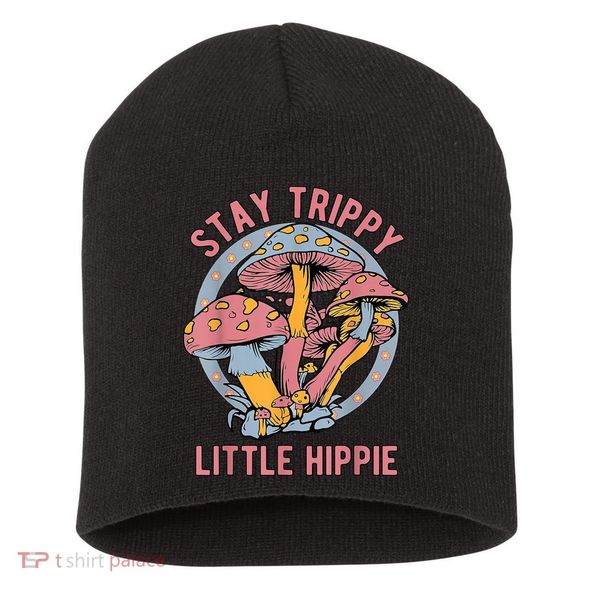Retro Stay Trippy Little Hippie Groovy Cottagecore Mushroom Short Acrylic Beanie