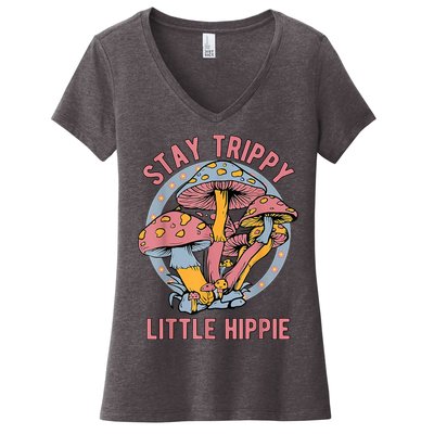 Retro Stay Trippy Little Hippie Groovy Cottagecore Mushroom Women's V-Neck T-Shirt