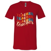 Retro Sunset Teacher Grvooy Back To School For Teacher V-Neck T-Shirt