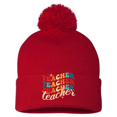 Retro Sunset Teacher Grvooy Back To School For Teacher Pom Pom 12in Knit Beanie