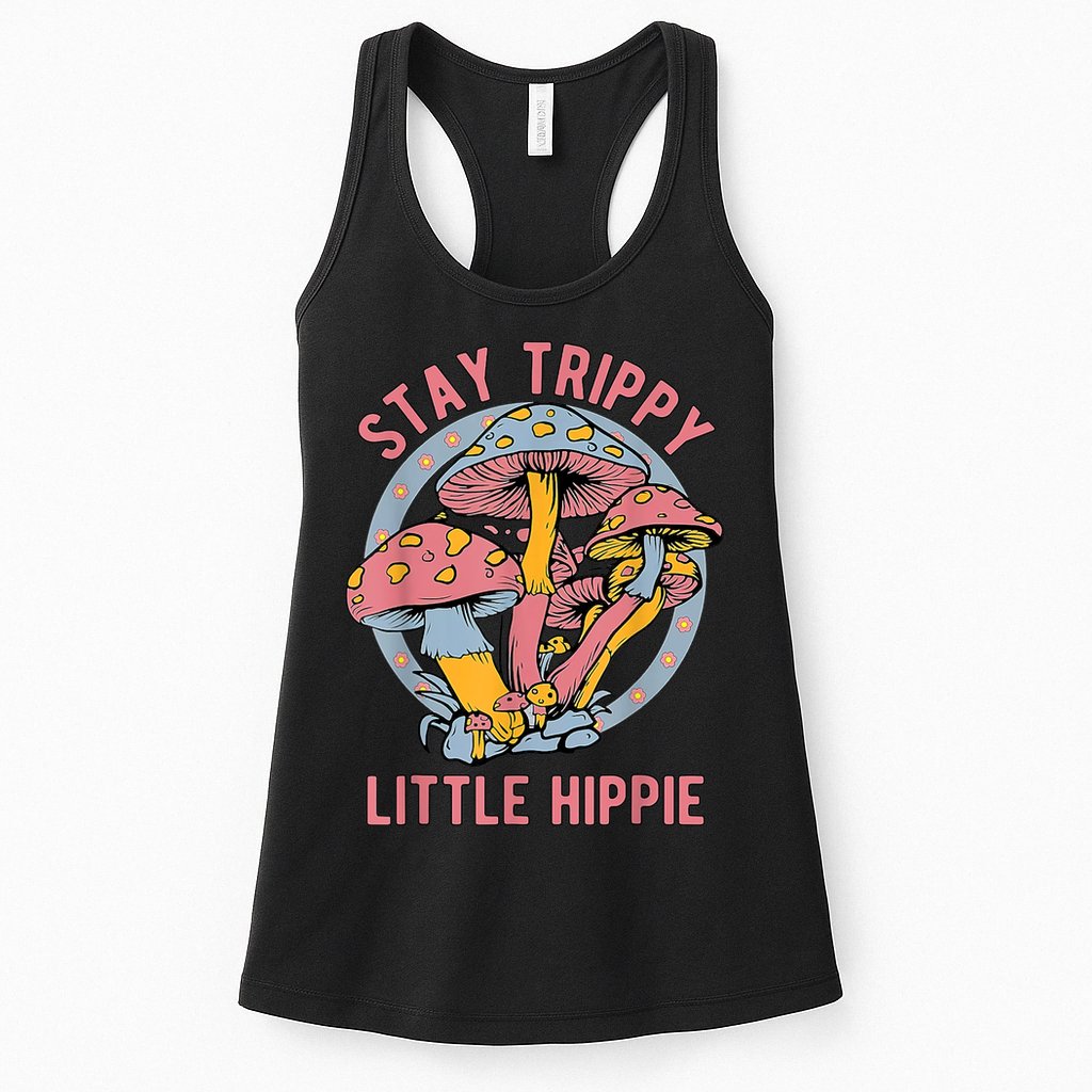 Retro Stay Trippy Little Hippie Groovy Cottagecore Mushroom Womens Tank Top