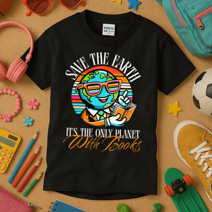 Retro Save The Earth Its The Only Planet with Books Reader Kids T-Shirt