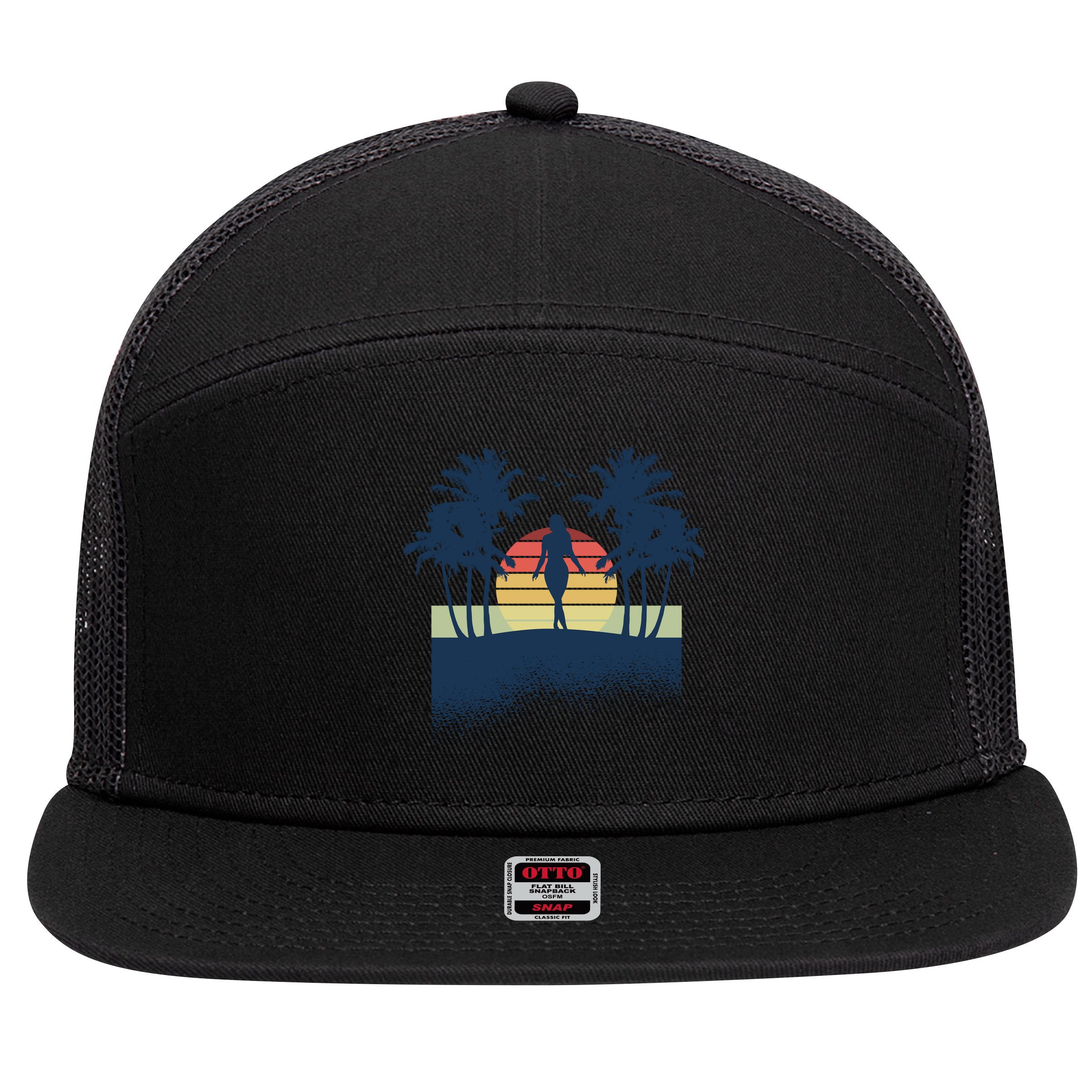 Retro Sunset Tropical Vacation 7 Panel Mesh Trucker Snapback Hat