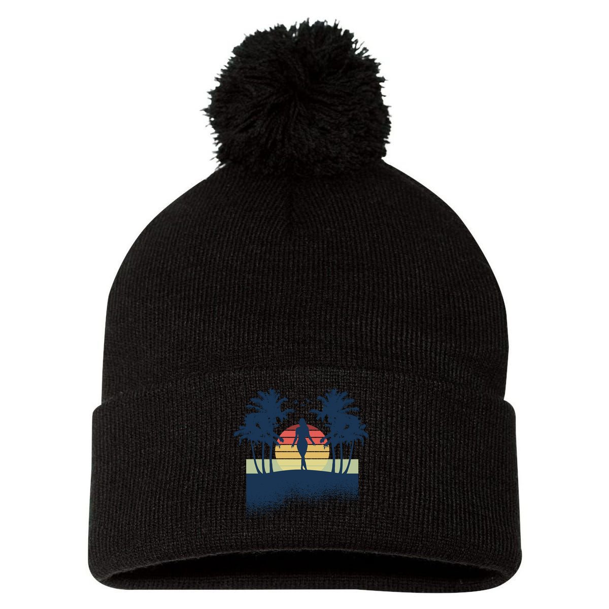Retro Sunset Tropical Vacation Pom Pom 12in Knit Beanie